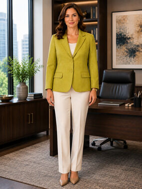 Anne Klein 10 Chartreuse Green Linen Blend Blazer 2 Button Career Work Jacket